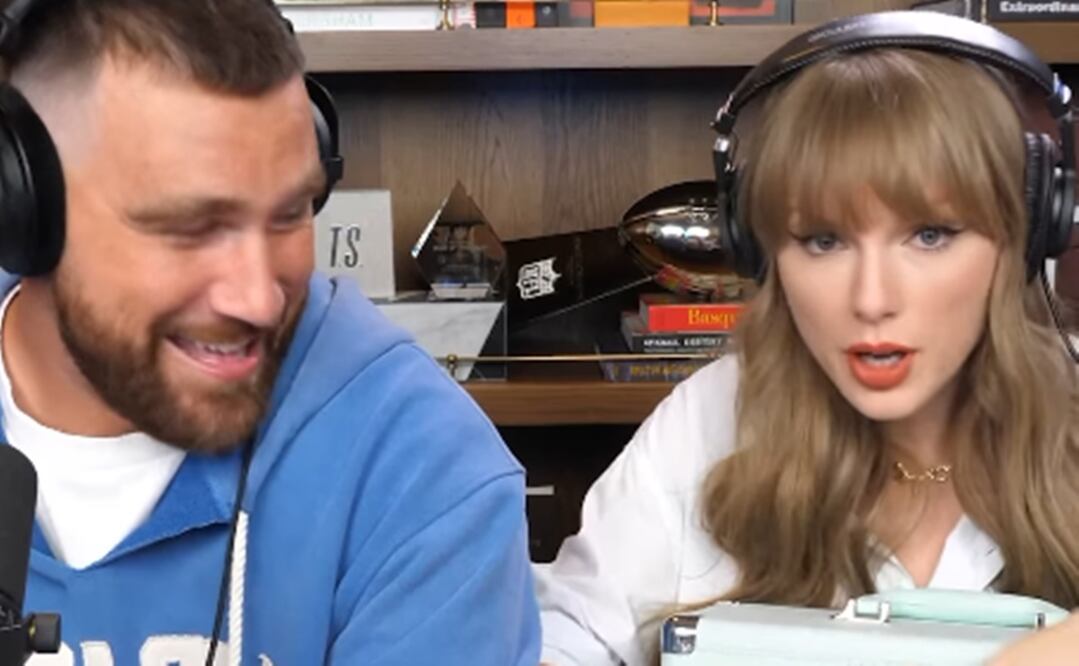 Taylor Swift anuncia así su nuevo disco, junto a su novio, el jugador de fútbol americano Travis Kelce.