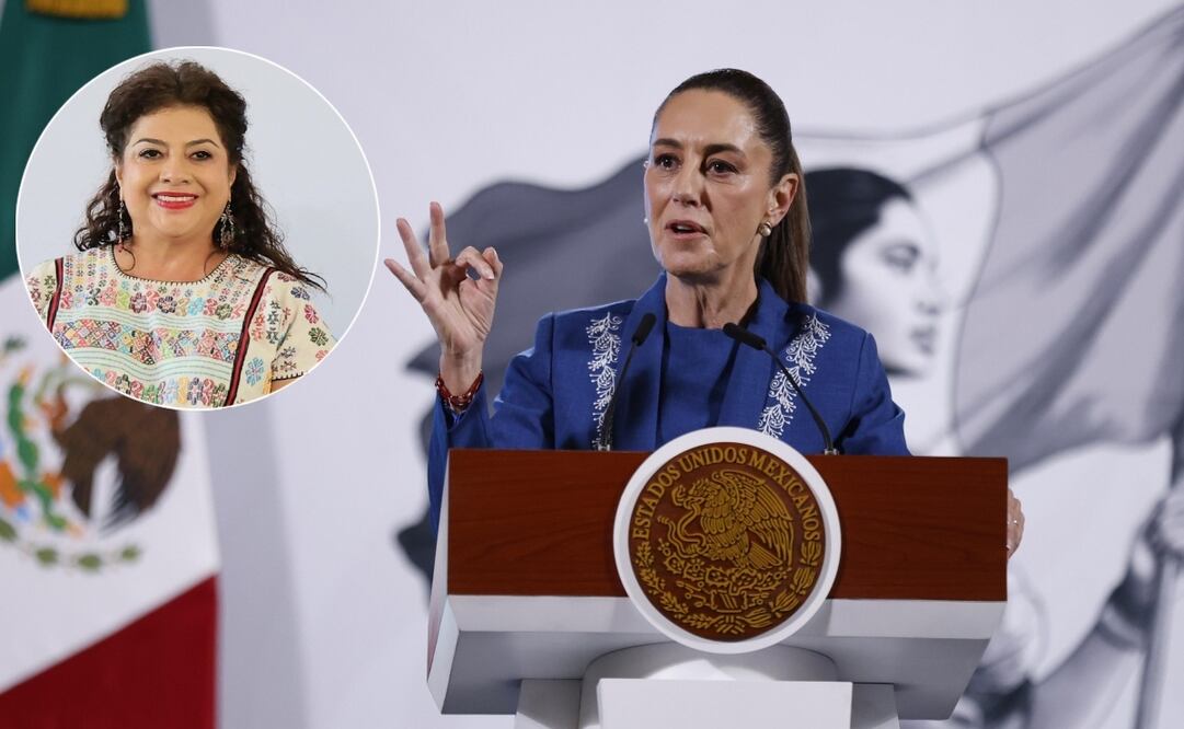 La presidenta Claudia Sheinbaum Pardo en la mañanera del 19 de febrero del 2025. En el círculo, la jefa de gobierno de la CDMX, Clara Brugada. Foto: Diego Simón / EL UNIVERSAL y tomada de la cuenta de X de @ClaraBrugadaM