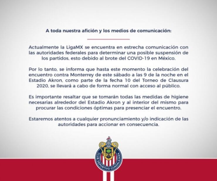 Chivas jugará con afición a pesar de recomendación del gobernador