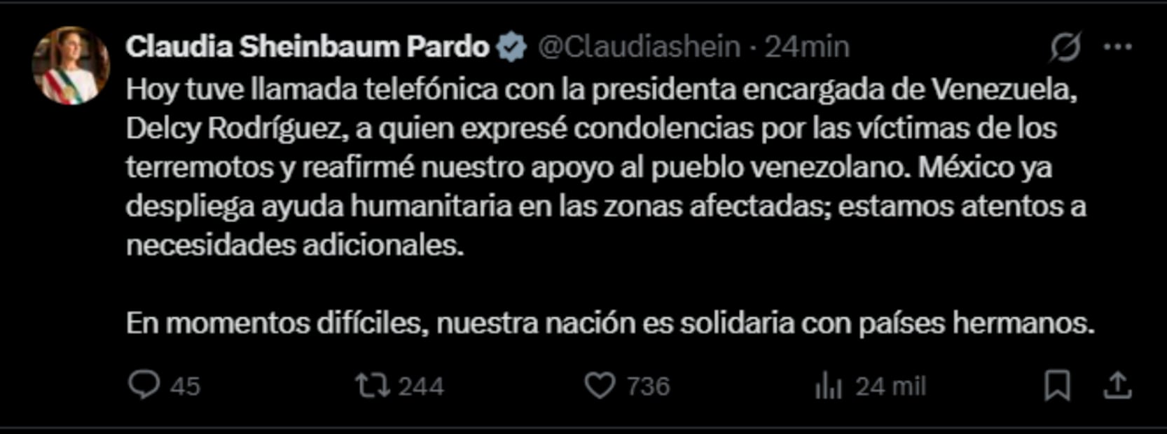 Publicación de Sheinbaum sobre terremoto en Venezuela. Foto: captura de pantalla