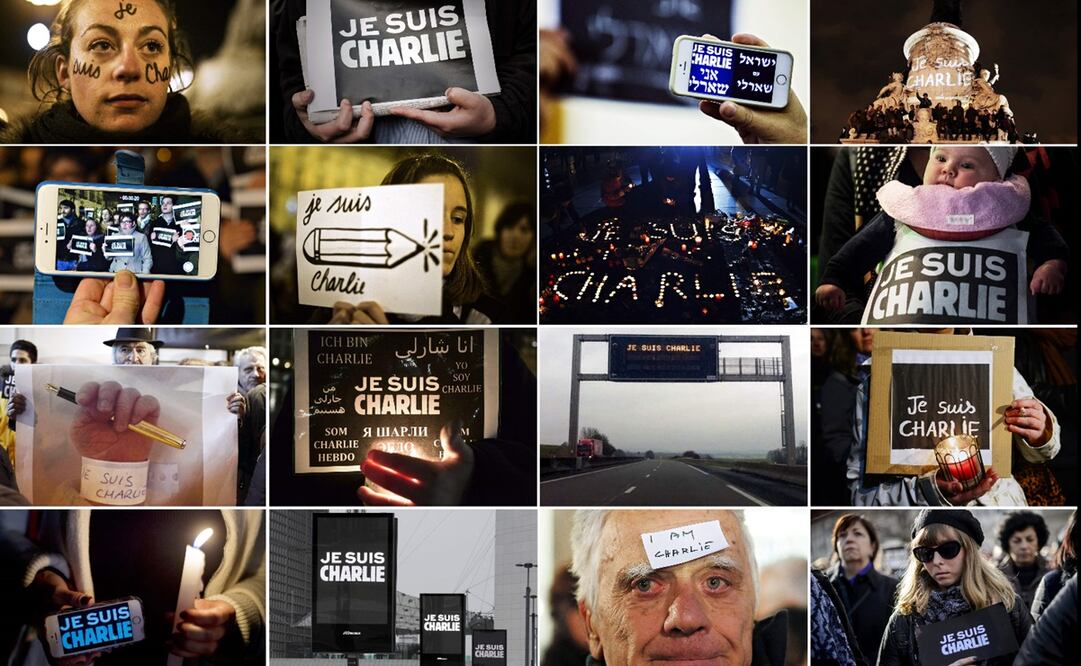 Collage sobre el movimiento #JeSuisCharlie, con el que Francia expresó su apoyo a la revista después del atentado. Foto: AFP