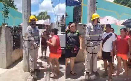 Por falla de 3 días en suministro eléctrico, habitantes de Valladolid en Yucatán amarran a poste a empleado de la CFE