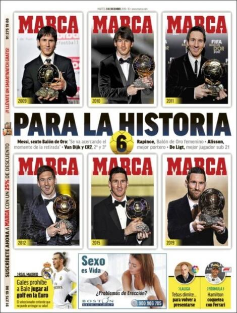 Prensa internacional enaltece el sexto Balón de Oro de Messi