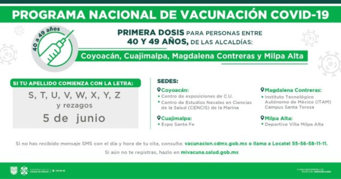 Hoy, último día de vacunación antiCovid de adultos de 40 a 49 años en 4 alcaldías