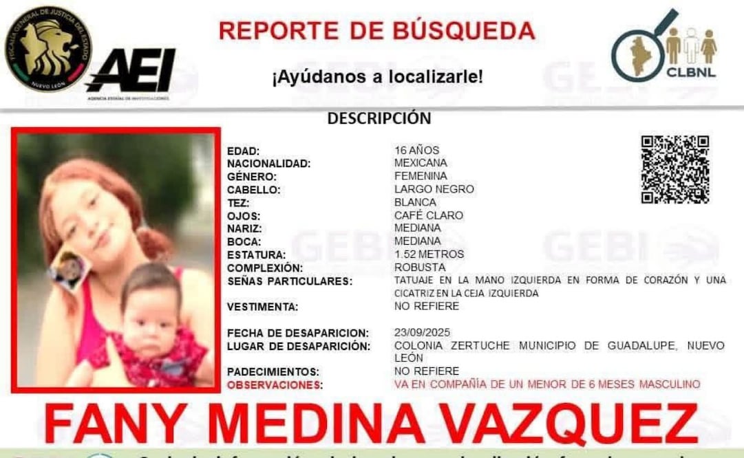 Desaparece madre adolescente con su bebé en Guadalupe, Nuevo Leon.
Foto: Especial.