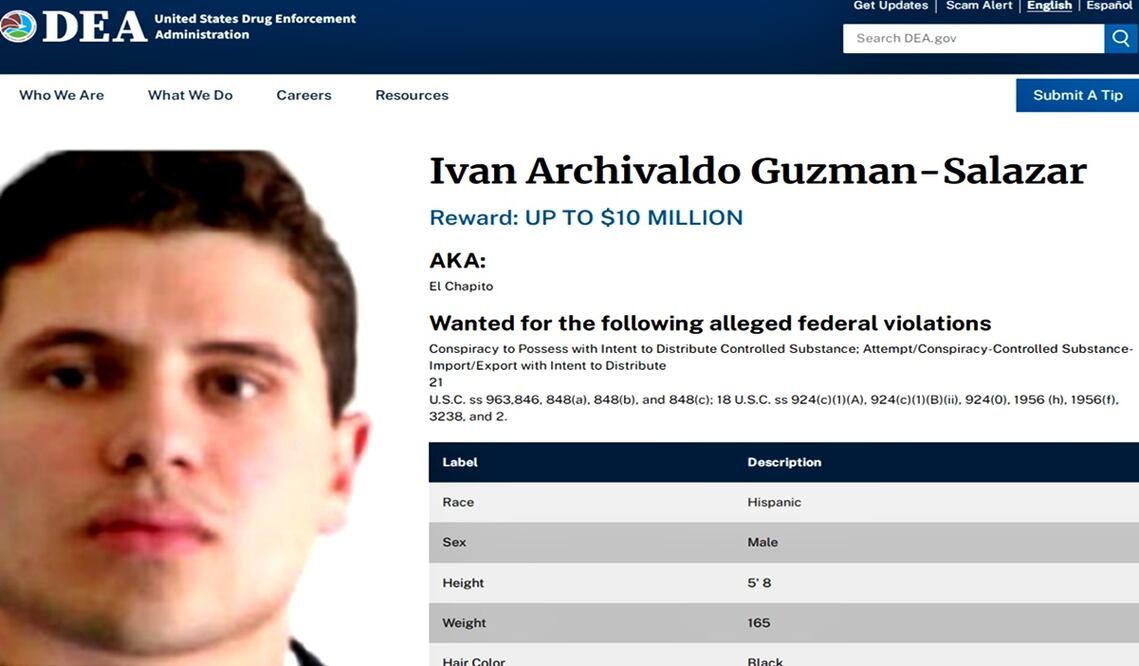 Iván Archivaldo Guzmán Salazar, líder de la facción de “Los Chapitos” del Cártel de Sinaloa, fue incluido en la lista de los diez fugitivos más buscados por la DEA