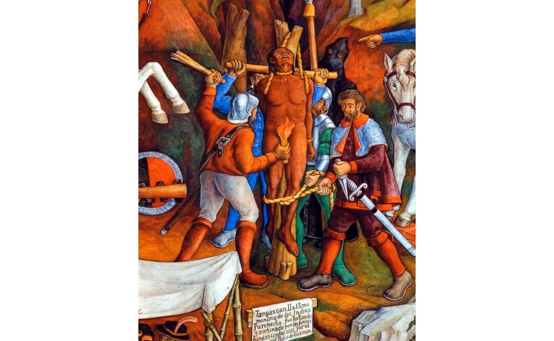 El conquistador español Nuño de Guzmán quema vivo al Caltzontzin Tanganxoan.  Detalle del mural "La Historia de Michoacán" (Juan O'Gorman, 1942) Biblioteca Gertrudis Bocanegra, Pátzcuaro, Michoacán. Crédito: Instituto Nacional de los Pueblos Indígenas