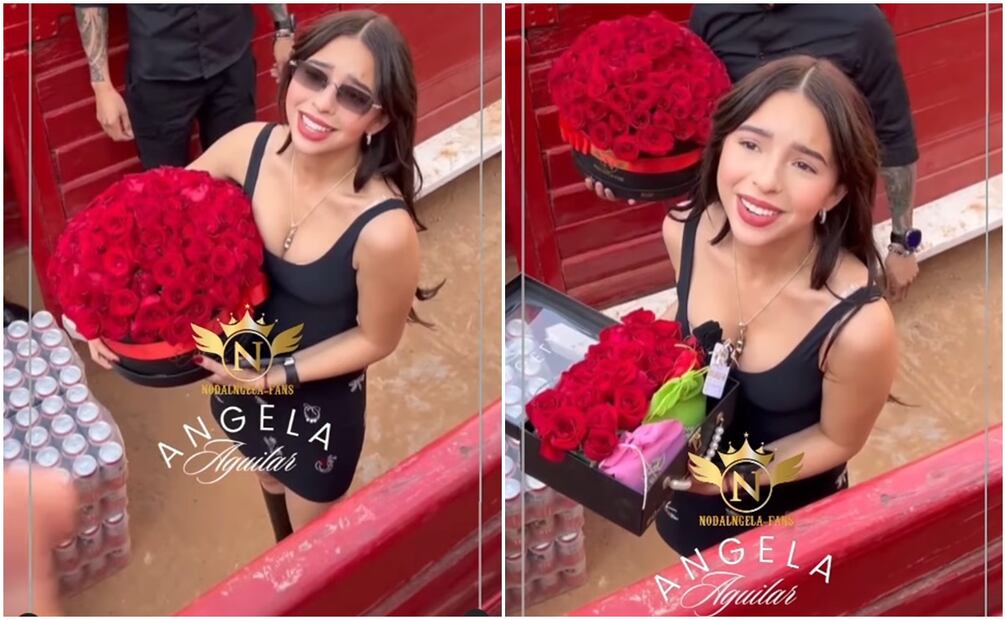 Ángela Aguilar recibe flores de fans en la Plaza de Toros México, donde  su esposo Christian Nodal ofreció un concierto. Foto: nodalngela_fans