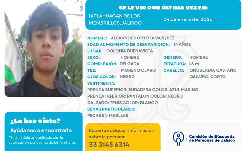 Ficha de búsqueda de Alexander, desaparecido en Ixtlahuacán (06/01/2026). Foto: Especial
