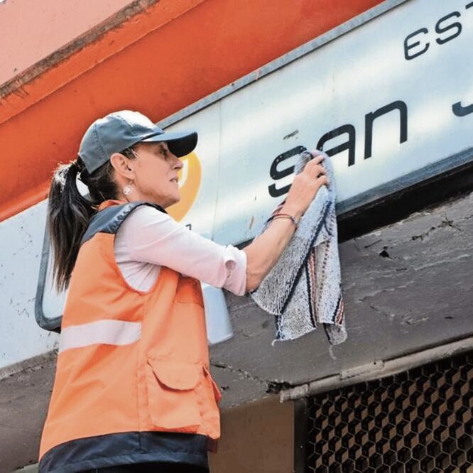 La jefa de Gobierno participó en la limpieza de la estación San Joaquín de la Línea 7 del Metro, donde barrió, cambió luminarias, limpió y pintó mobiliario. ESPECIAL
