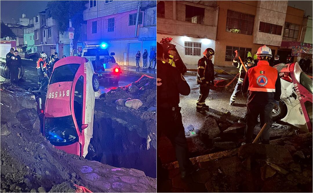 Taxista cae en socavón en Iztapalapa tras no ver las señales de precaución, salió ileso. Foto: Juan Carlos Williams