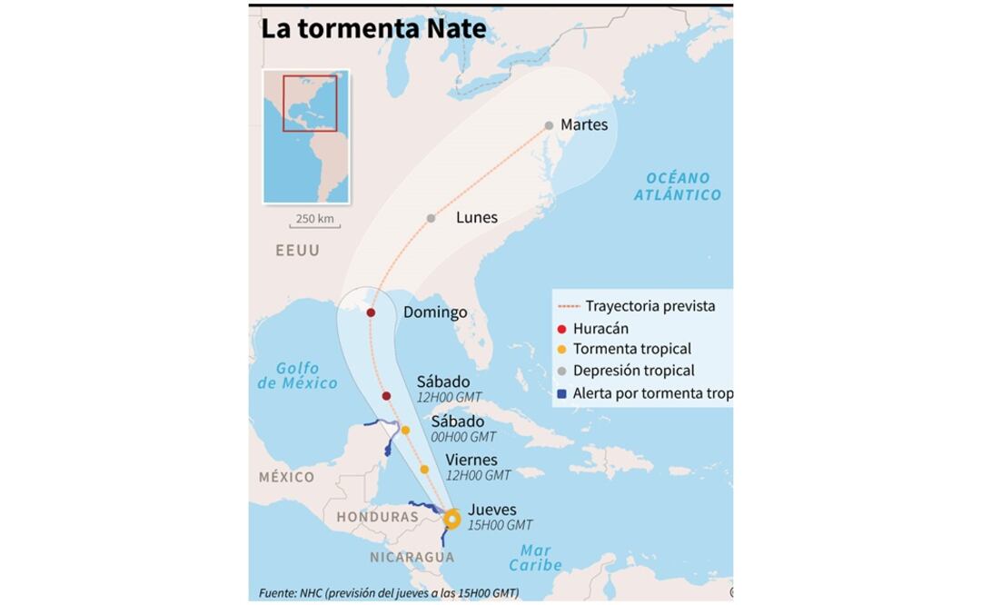 Trayectoria prevista de la tormenta tropical Nate que provocó lluvias en Costa Rica - (AFP)