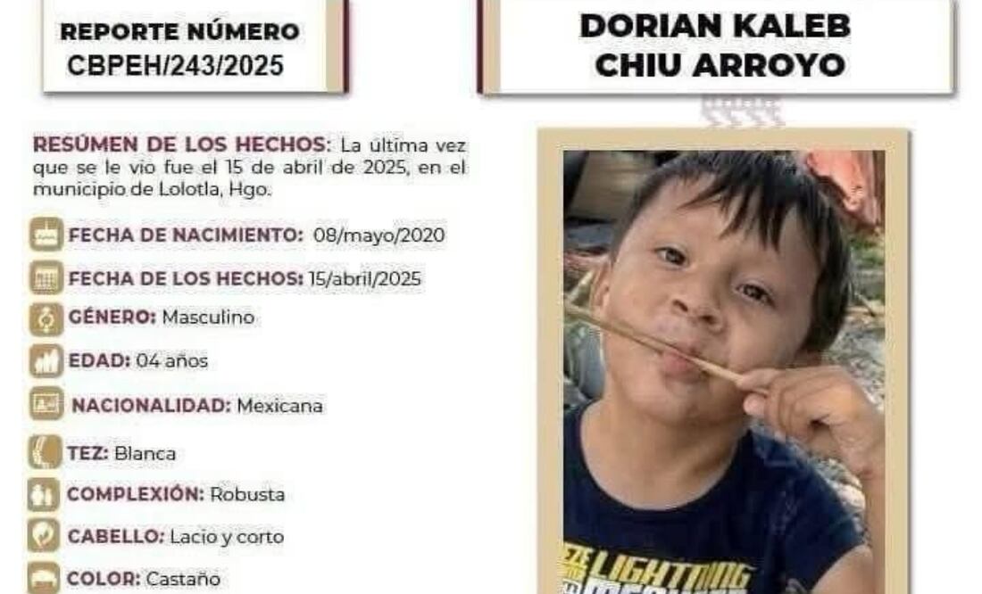 Desaparece en Hidalgo Dorian Kaleb Chiu Arroyo, niño de 4 años con residencia en el Edomex (21/04/2025). Foto: Especial