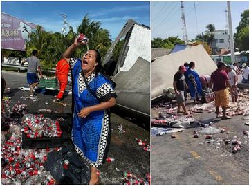 Mujer se baña en cerveza tras volcadura de camión en Campeche y se viraliza: "una lavadita y pa' la fiesta"