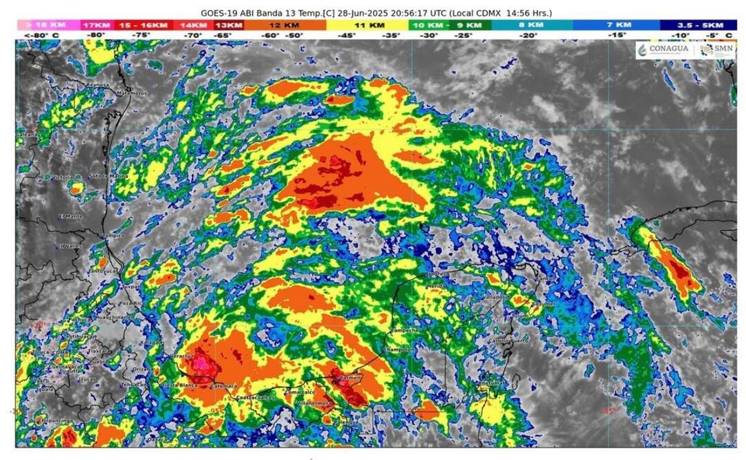 Presencia de la depresión tropical Dos en el Golfo de México (28/06/2025). Foto: Conagua