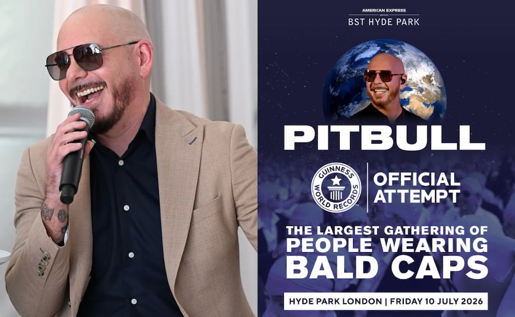 El artista de origen cubano busca establecer un récord mundial, utilizando la unión de sus fanáticos y su sello personal: su cabeza calva. Foto: X @Pitbull