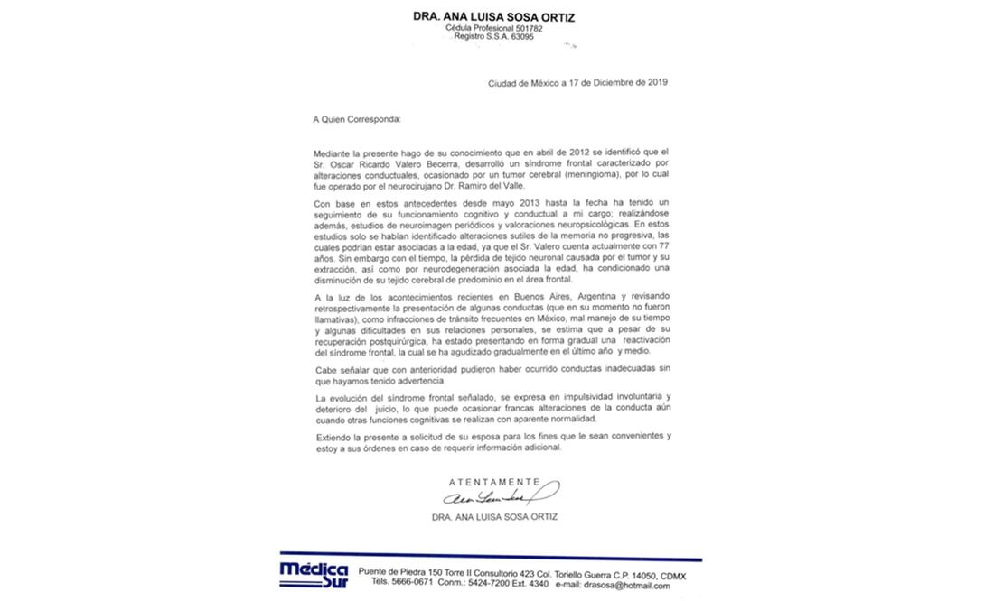 Carta de diagnóstico médico del exembajador de México en Argentina, Ricardo Valero / Foto: Especial