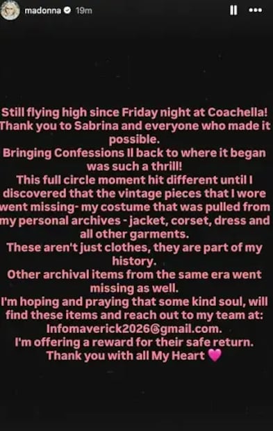 La cantante hizo uso de sus redes sociales para denunciar el robo de su ropa. Foto: Instagram.