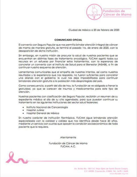 Fucam ya no dará atención gratuita a mujeres con cáncer por no alcanzar acuerdo con Insabi