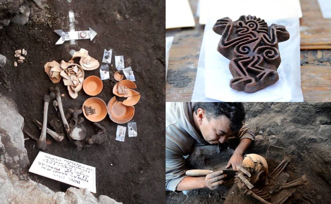 Se encontraron tres entierros humanos –dos menores y un adulto-, piezas de cerámica y restos de un par de tlacuaches. FOTO: Cortesía INAH.