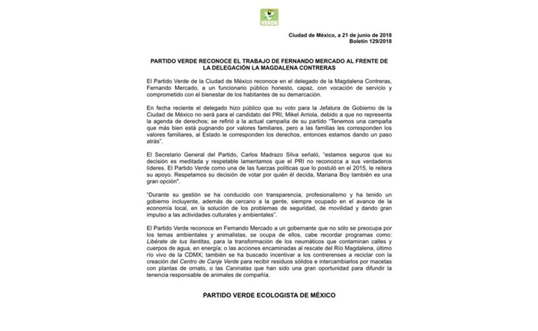 Aspectos del comunicado que emitió el Partido Verde (Fotografía: Especial)