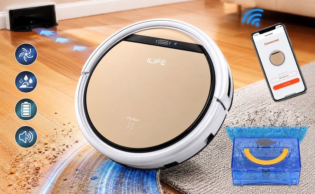 El ILIFE V5s Plus está diseñado para facilitar la limpieza diaria en diferentes tipos de pisos, como loseta, madera, laminado y superficies de baja alfombra. Foto: IA