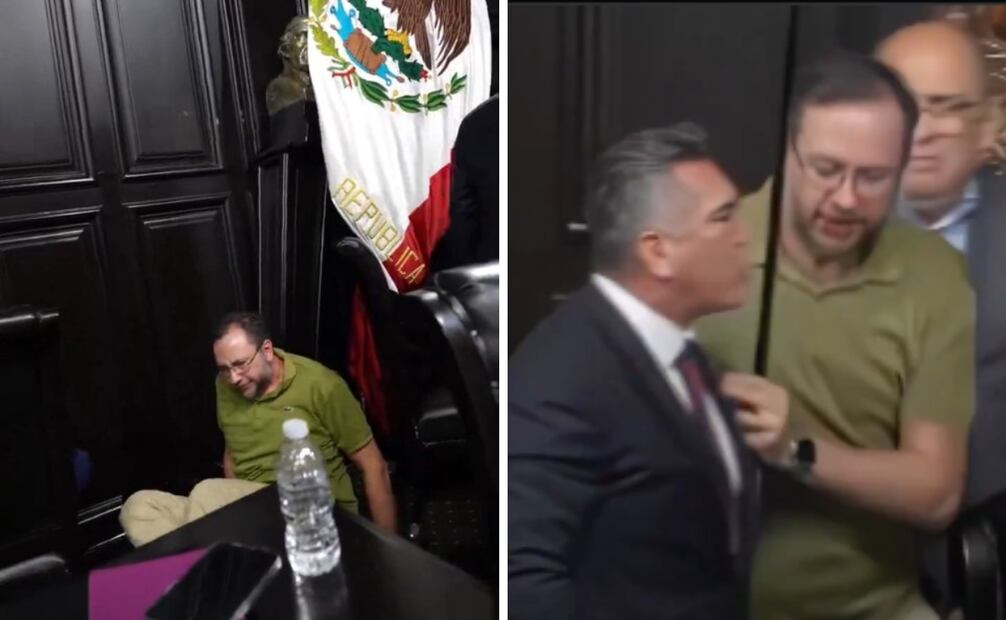 En medio de la trifulca, Emiliano González, camarógrafo y colaborador de Gerardo Fernández Noroña, fue agredido por el dirigente priista Alejandro Moreno.
Foto: Captura de pantalla en X