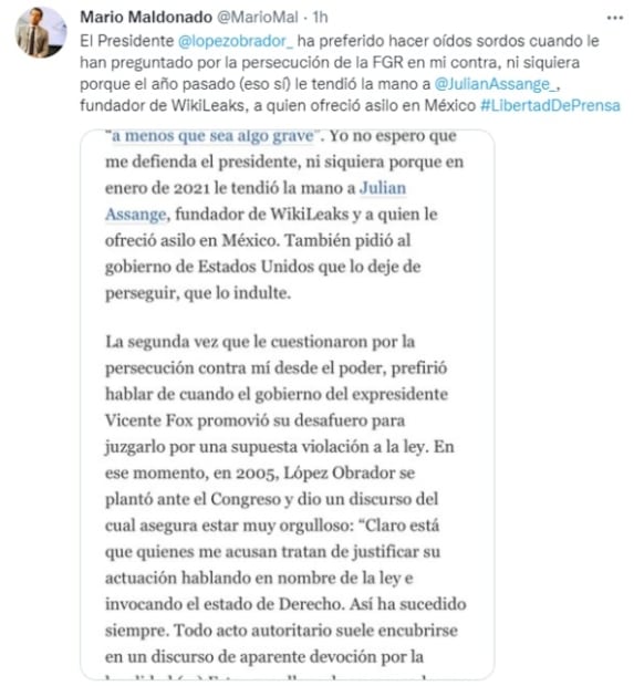 AMLO tendió la mano a Assange; en persecución de FGR contra mí, ha hecho oídos sordos: Mario Maldonado