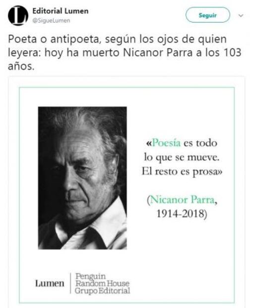 Lamentan fallecimiento de Nicanor Parra