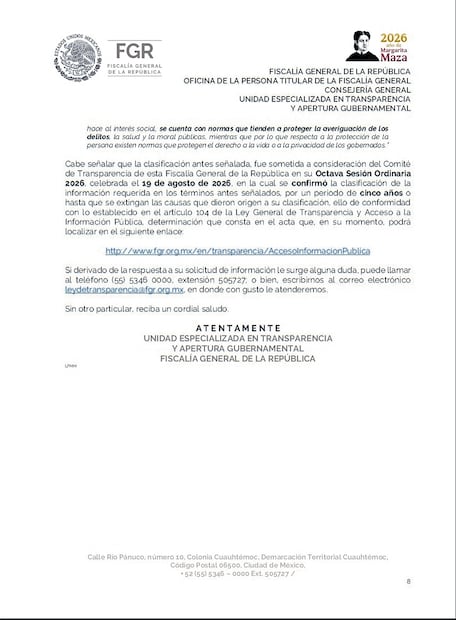El 19 de agosto el Comité de Transparencia de la FGR confirmó la clasificación de la información por cinco años. Foto: FGR