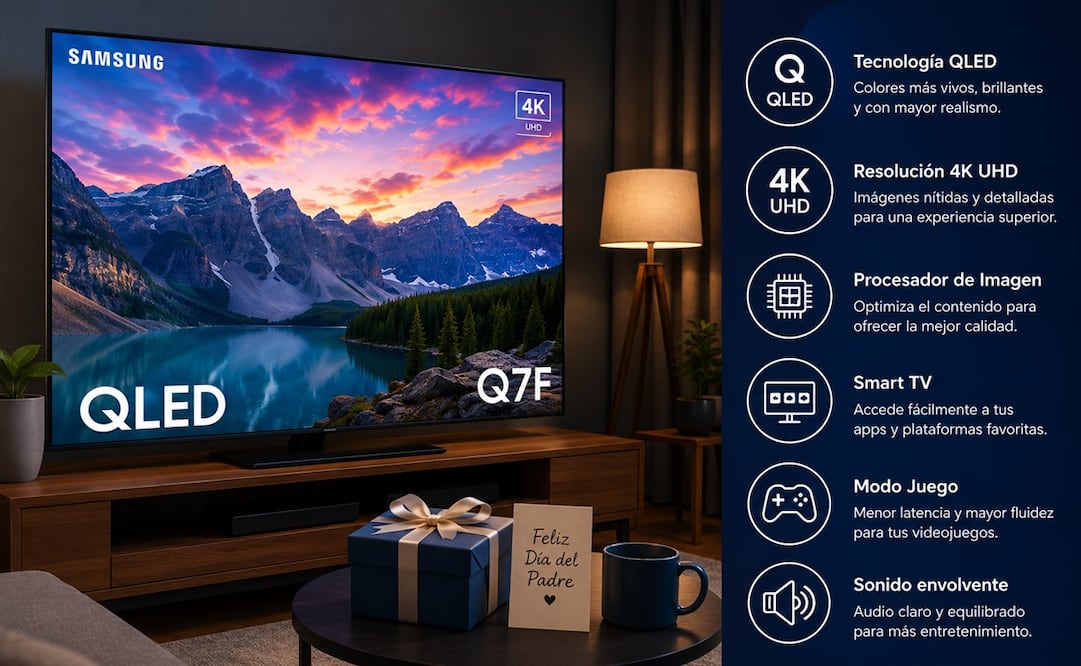 La Samsung Smart TV QLED Serie Q7F 4K UHD es una pantalla diseñada para quienes buscan una experiencia visual superior sin llegar al segmento más costoso de la marca. Foto: IA