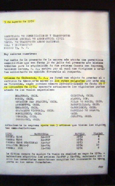 Rutas asignadas para prestar servicio de transporte aéreo a varias localidades de la Sierra Tarahumara. Fuente: Archivo Personal-AirMuseum .