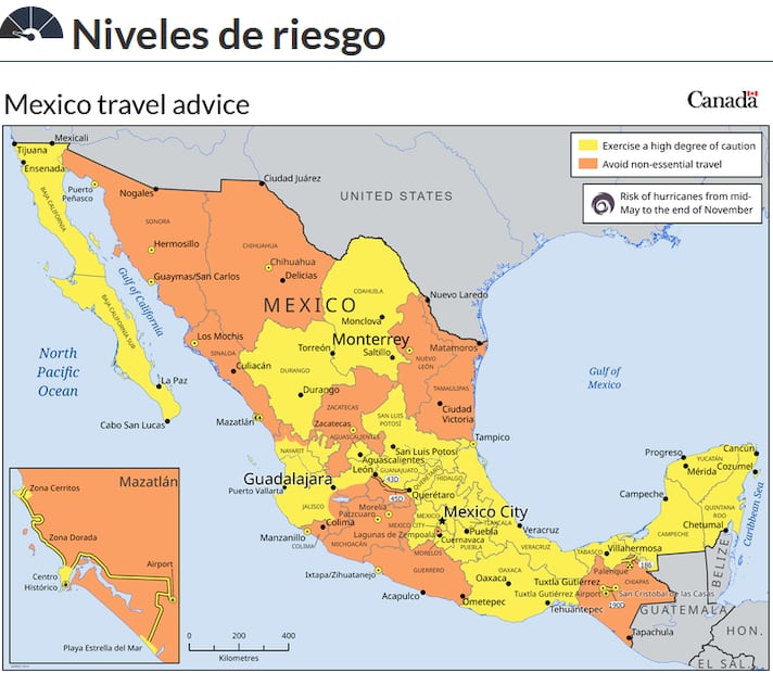 Canadá comparte mapa de México para extremar precauciones ante niveles de delincuencia y secuestro (25/08/2026). Foto: Especial