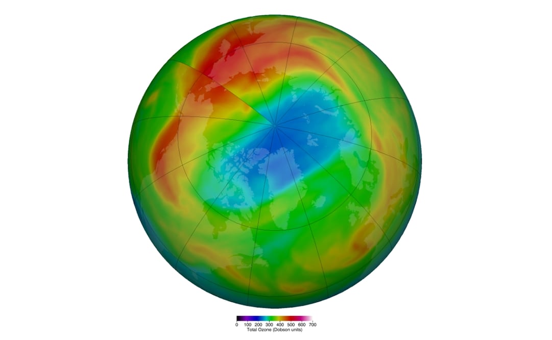Agujero de la capa de ozono sobre el Ártico de marzo de 2020. Foto: ozonewatch.gsfc.nasa.gov/