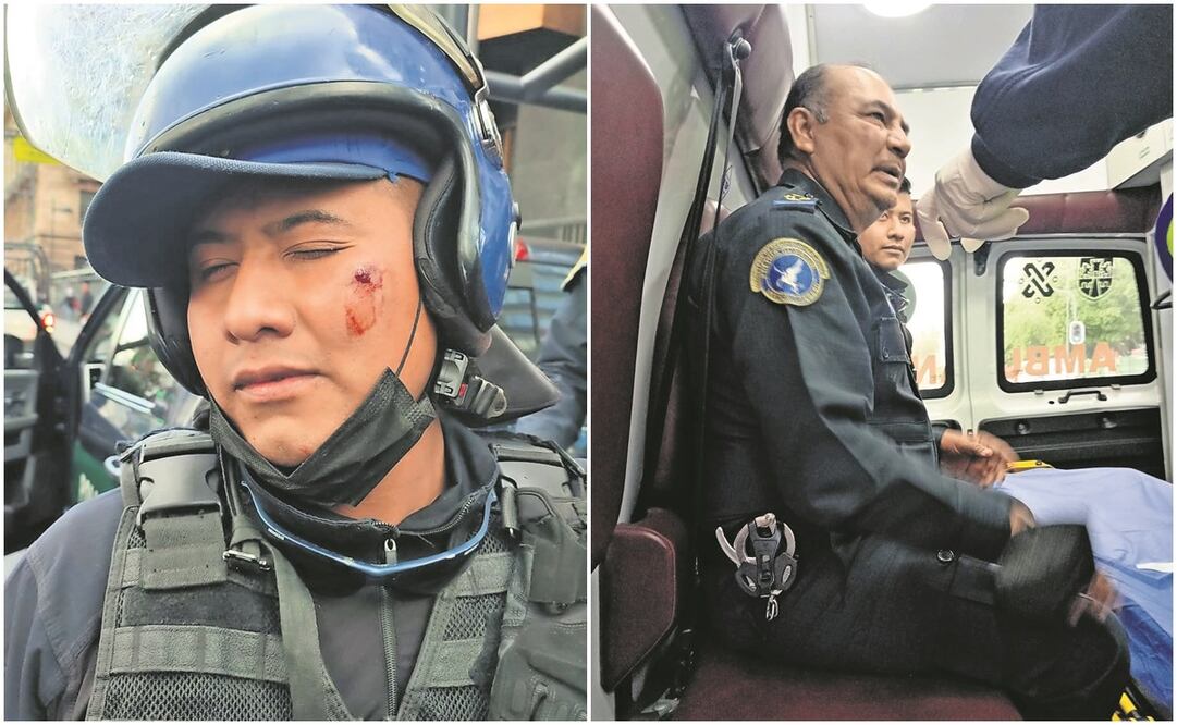Elementos de la SSC resultaron con lesiones en la cara a pesar de que portaban casco. Paramédicos del ERUM los valoraron en el lugar. Foto: Especial