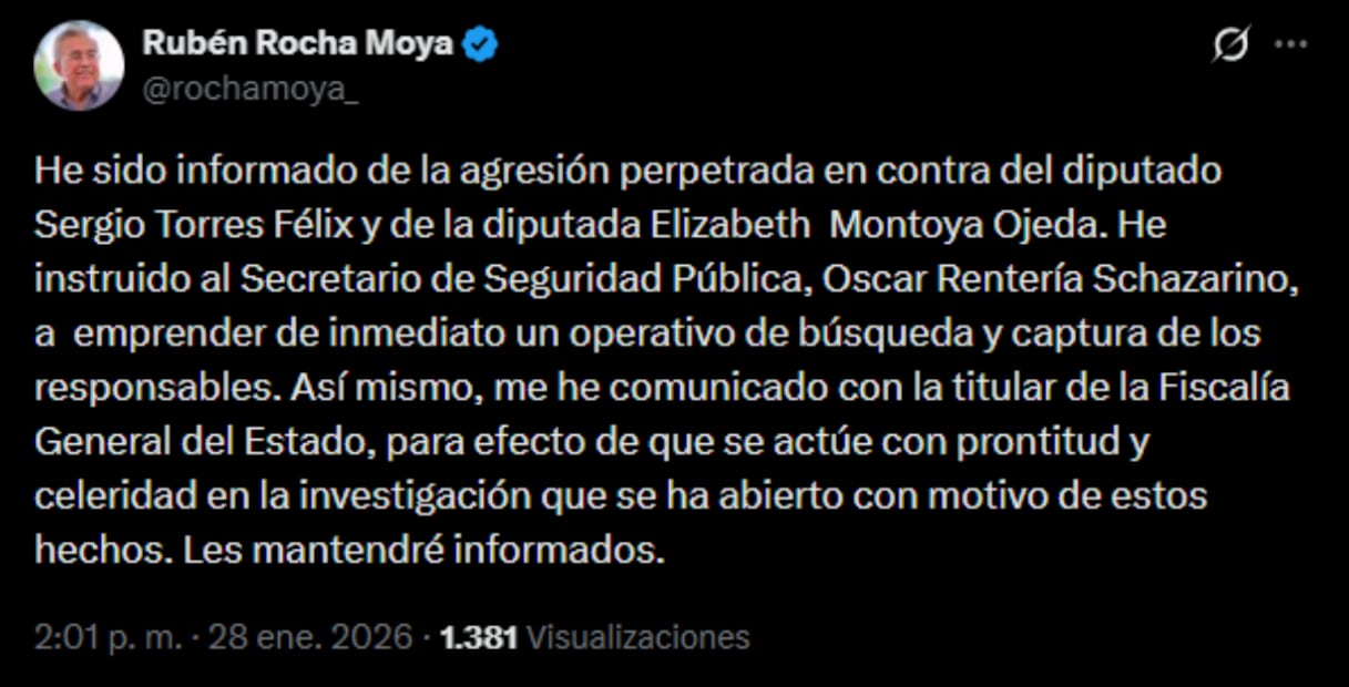 Rubén Rocha Moya se pronunció tras el ataque contra diputados de Movimiento Ciudadano (28/01/2026). Foto: Especial