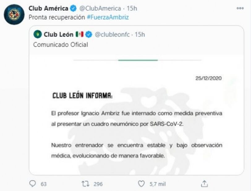 Equipos de la Liga MX se solidarizan con Nacho Ambriz tras ser hospitalizado
