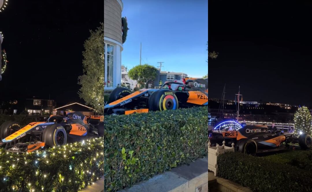 Este auto de F1 forma parte de la decoración navideña de una casa.