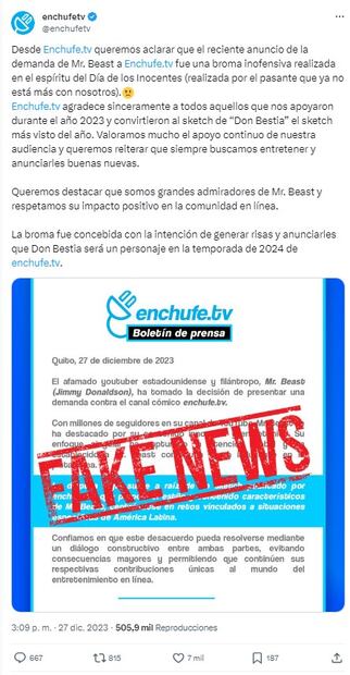 EnchufeTV desmiente demanda de Mr. Beast. / captura de "X".