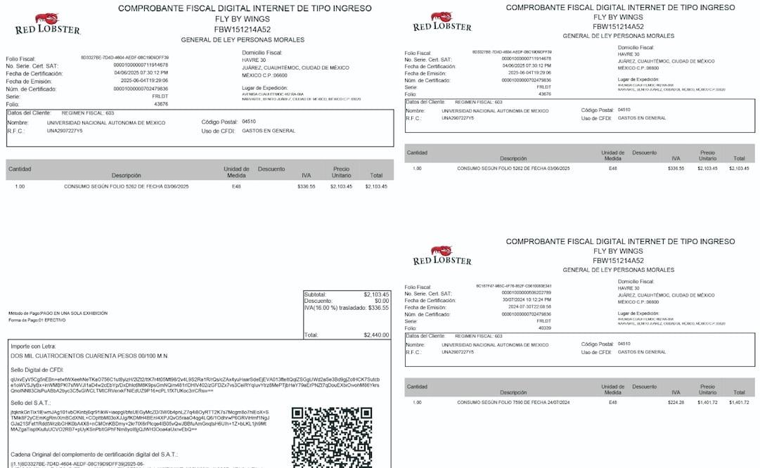 En su respuesta, Taibo dice que “efectivamente se realizó una comida laboral” en Red Lobster. No obstante, en los documentos consta un total de tres consumos en julio de 2024 y enero y junio de 2025. Fotos: Radio UNAM