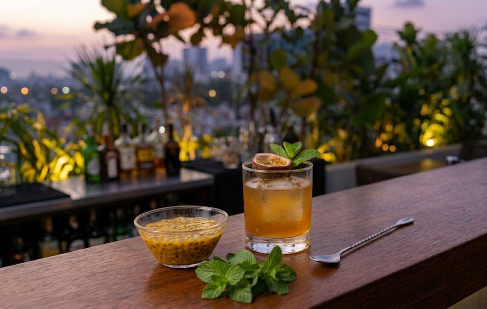El balance entre la acidez del maracuyá y las notas del destilado crean una propuesta fresca e ideal para la tarde. Foto: generada con IA.