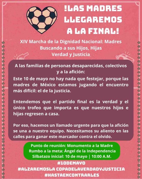 Convocatorias de Madres buscadoras para marchar el 10 de mayo (05/05/2026). Foto: Captura de pantalla