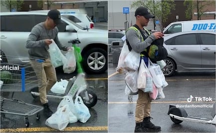 TikTok: Carga más de 10 bolsas del super en su scooter... se lleva hasta una sandía
