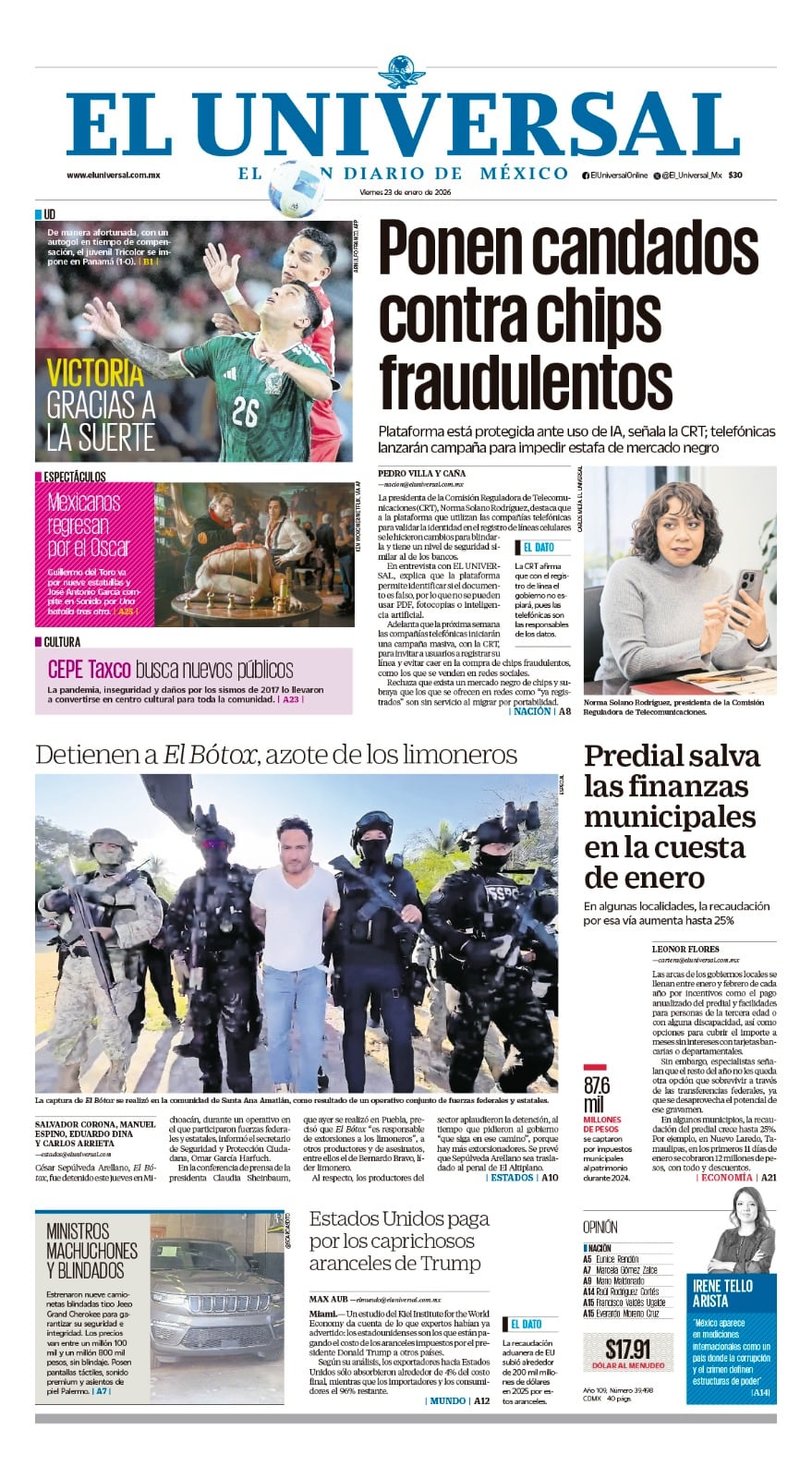 Portada impresa del 23 de enero de 2026