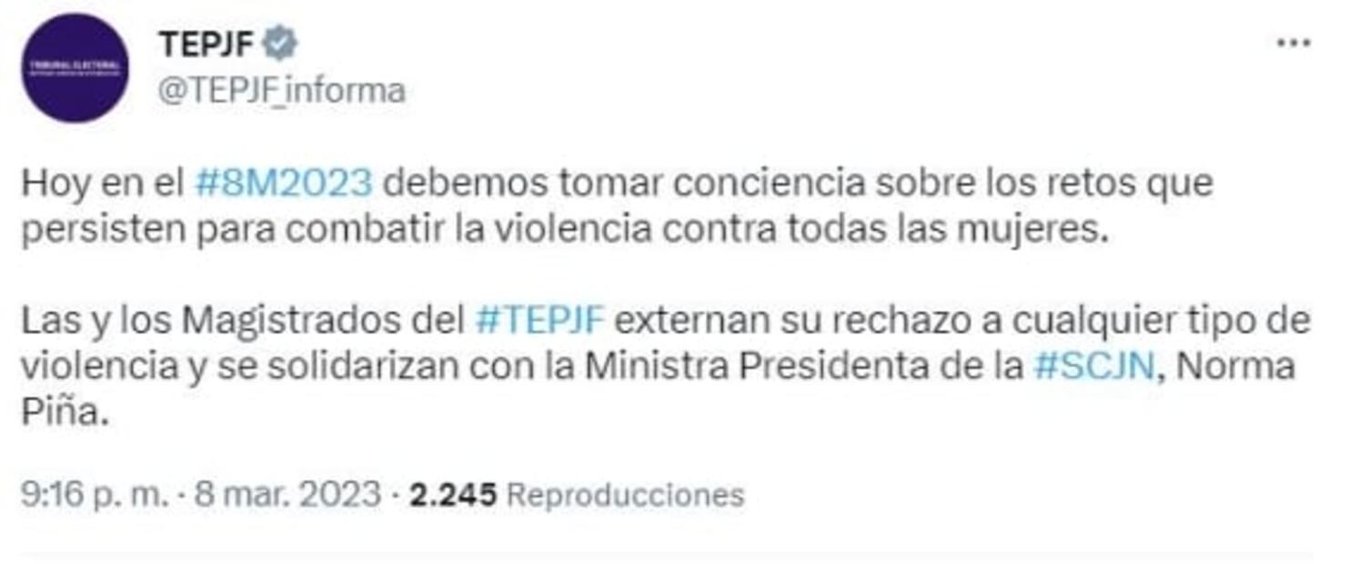 Tribunal electoral rechaza violencia en contra de la ministra presidenta, Norma Piña