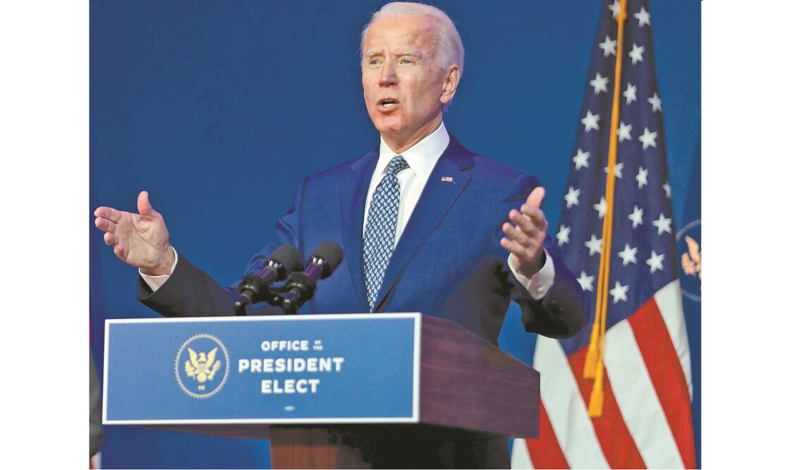 El virtual presidente electo de EU, Joe Biden, el pasado lunes en conferencia de prensa en Wilmington, Delaware. Foto: AFP