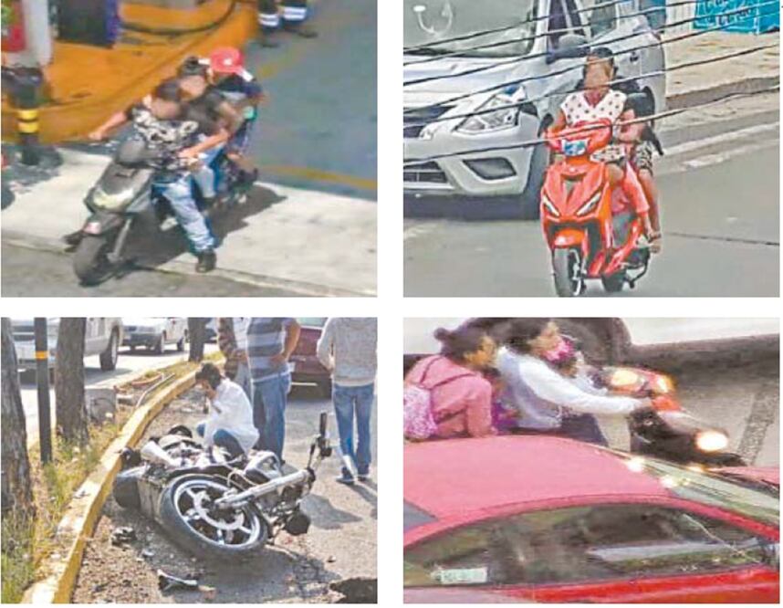 Aspectos registrados por cámaras del C-5 mexiquense que muestran cómo viajan en motocicleta hasta cuatro personas. Según autoridades, 88% de los percances deja lesiones a los tripulantes. Fotos: CORTESÍA