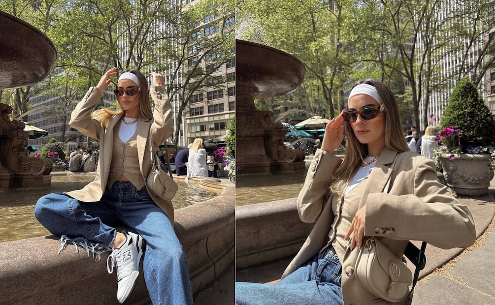 Look relajado pero chic con jeans, t-shirt blanca, chaleco y blazer beige, complementado con tenis elegantes para una cena de Navidad con estilo. Foto: Instagram @valeaguima