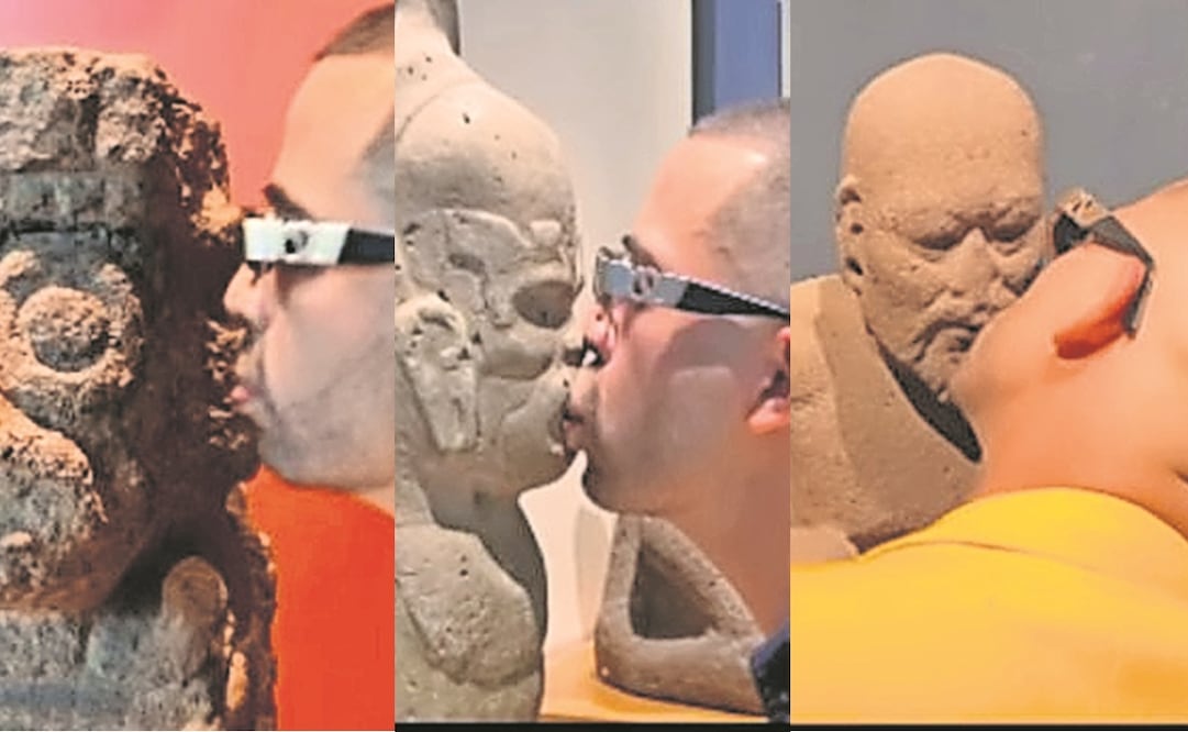 Entre las piezas que Pepx Romero besó se puede identificar El luchador (a la derecha), pieza olmeca cuya procedencia se ubica en La Venta, Tabasco.