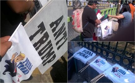 Ambulantes en marcha ofrecen banderas con la imagen de Donald Trump